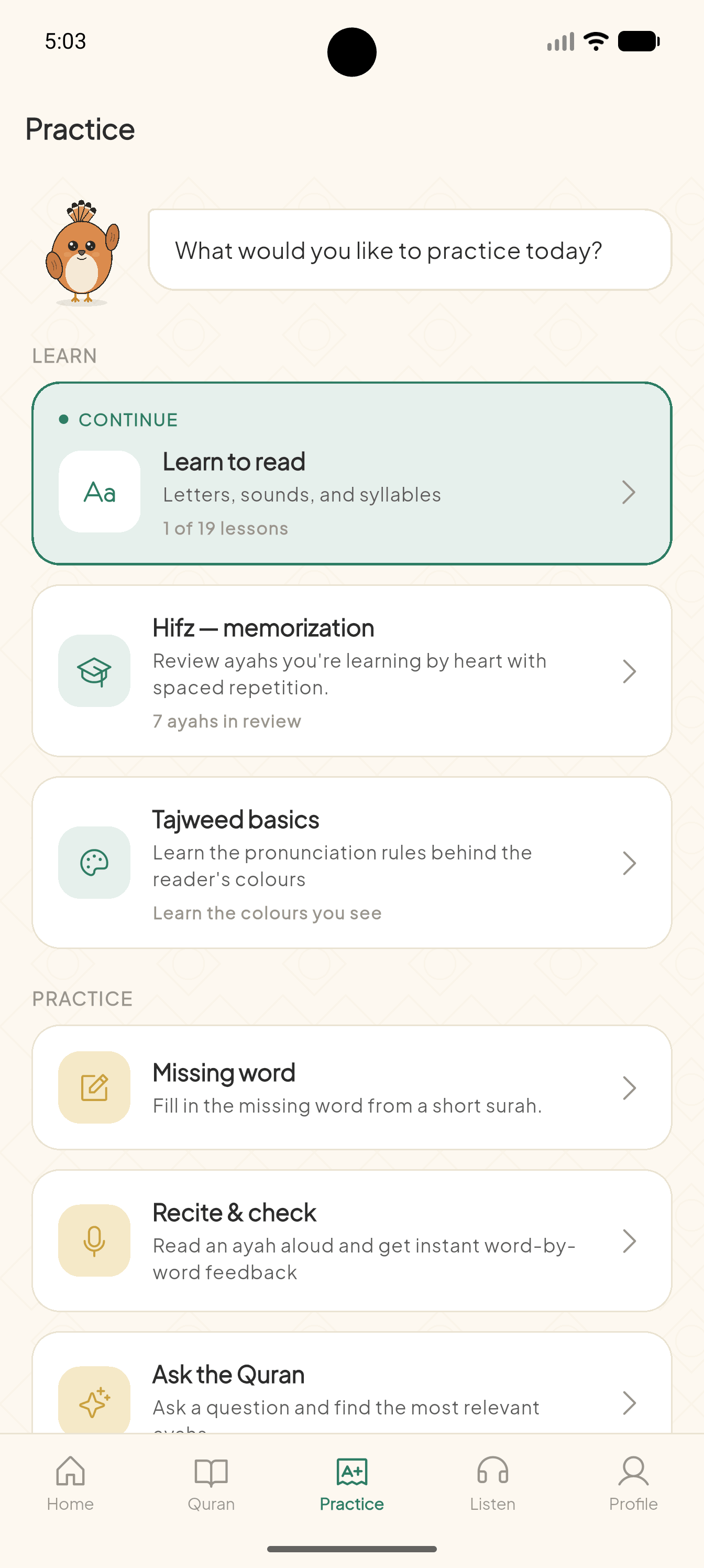Practice hub in Hey Hudhud with lessons and exercises